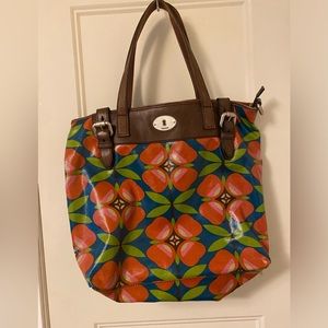 Fossil Floral Canvas And Brown Leather Large Hand… - image 1